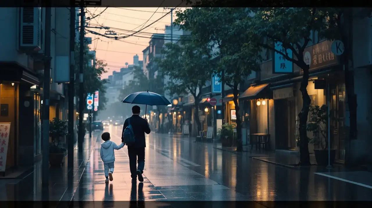 比海更深父子雨中海报